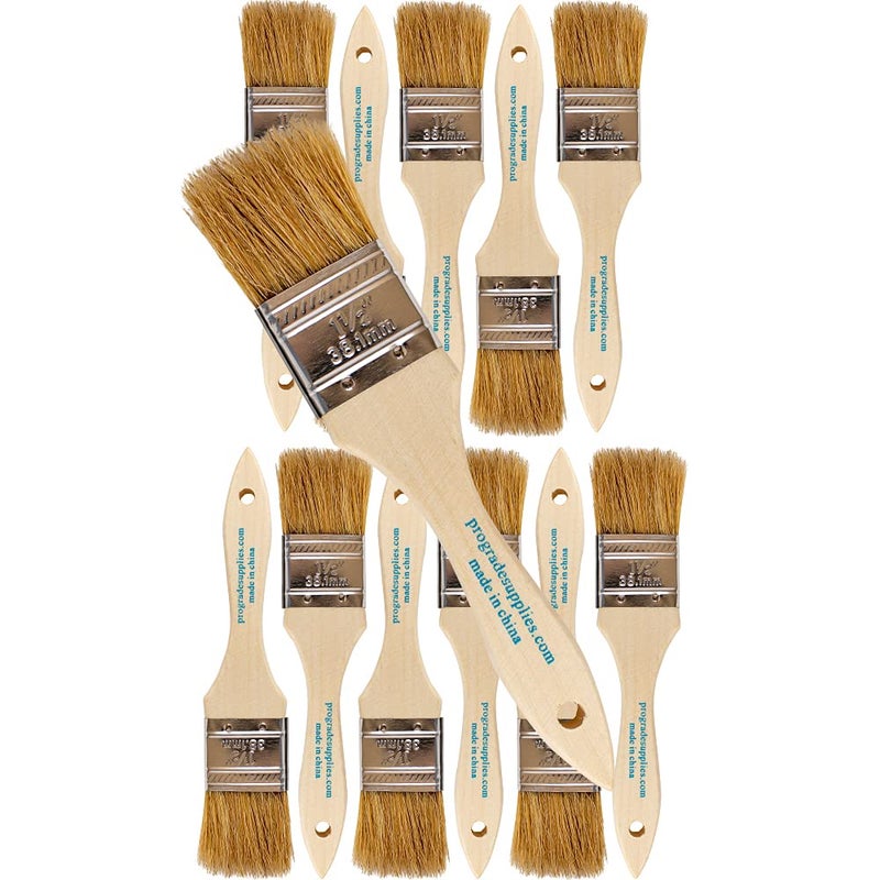 Pro-Grade Pro Grade - Chip Brushes - Paint Brush - Natural Bristle, 1.5 Inch, Smooth Wood Handle, Hole for Hanging, Versatile for Paints, Stains, Varnishes, Acrylics, Gesso - 12 Pack, Light Brown - Image 1